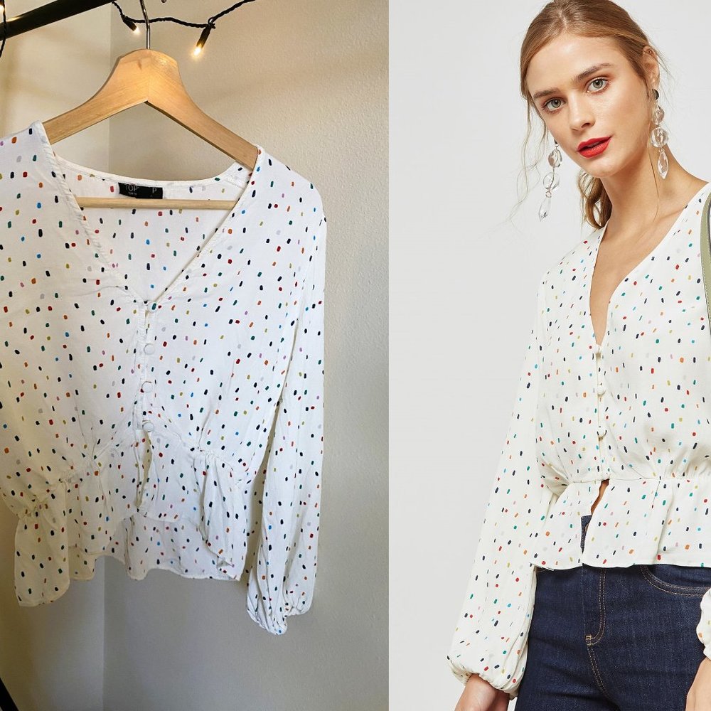 (US 6/S) Topshop Sprinkle Spot Print Peplum Blouse, Lightly Worn